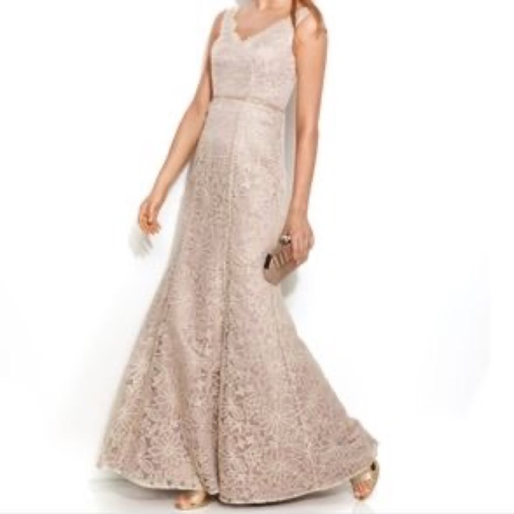 JS Collections Floral Embroidered Mesh Illusion Mermaid Gown - Picture 2 of 10